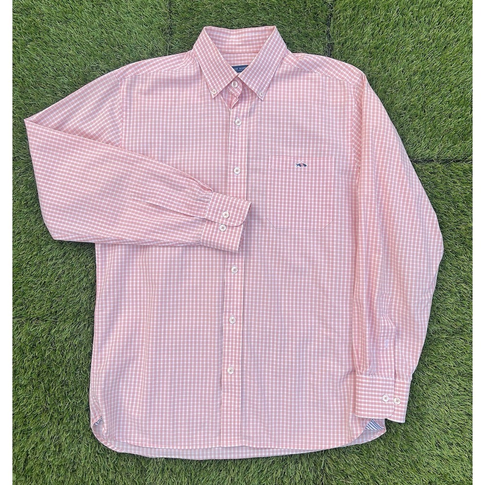 Fish Hippie Men's Long Sleeve Button-Up Shirt, Size M, Plaid, Peach/White